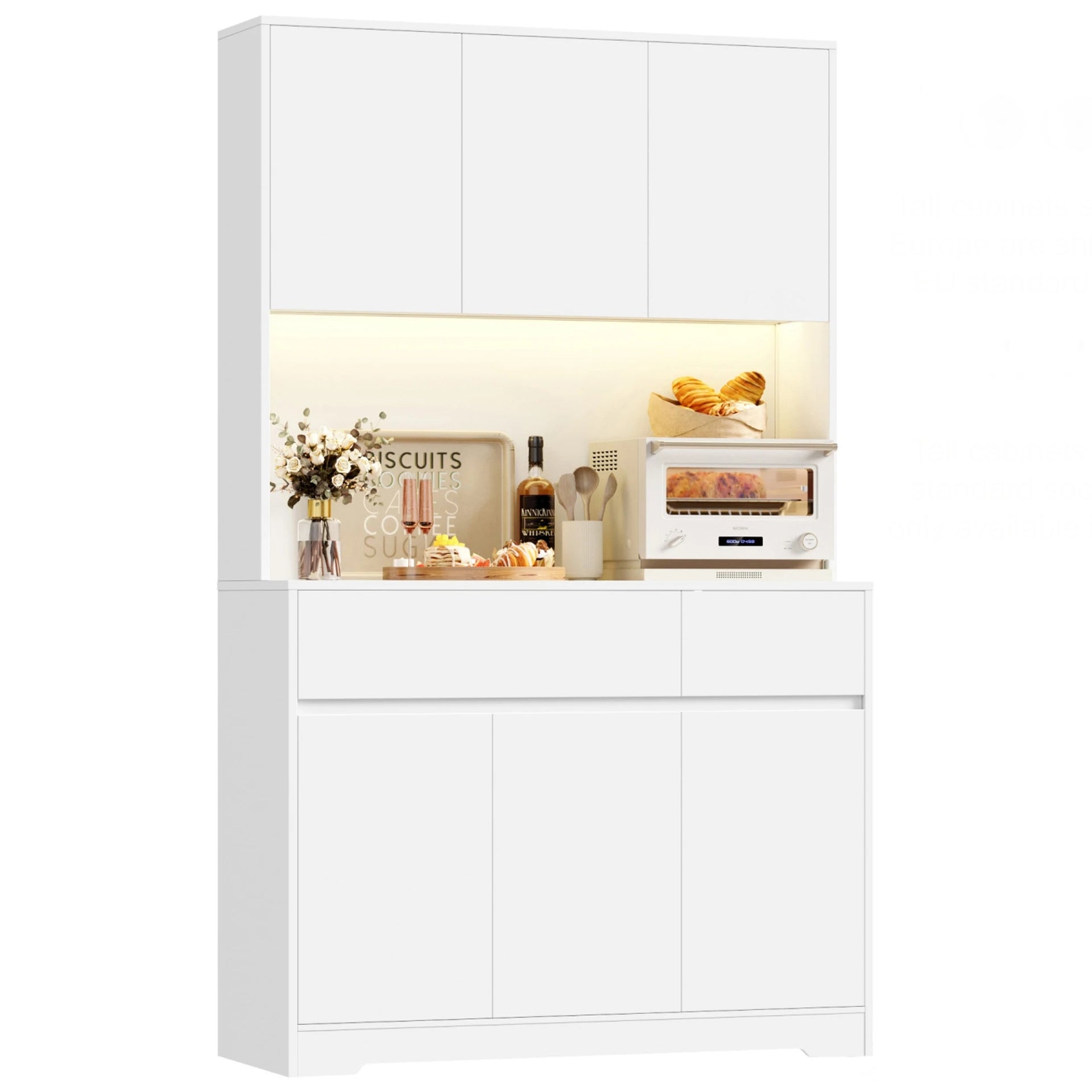 180cm Tall Kitchen Cabinet with LED Lighting and Power Outlet | Sideboard with 6 Doors 2 Drawers and Adjustable Shelves