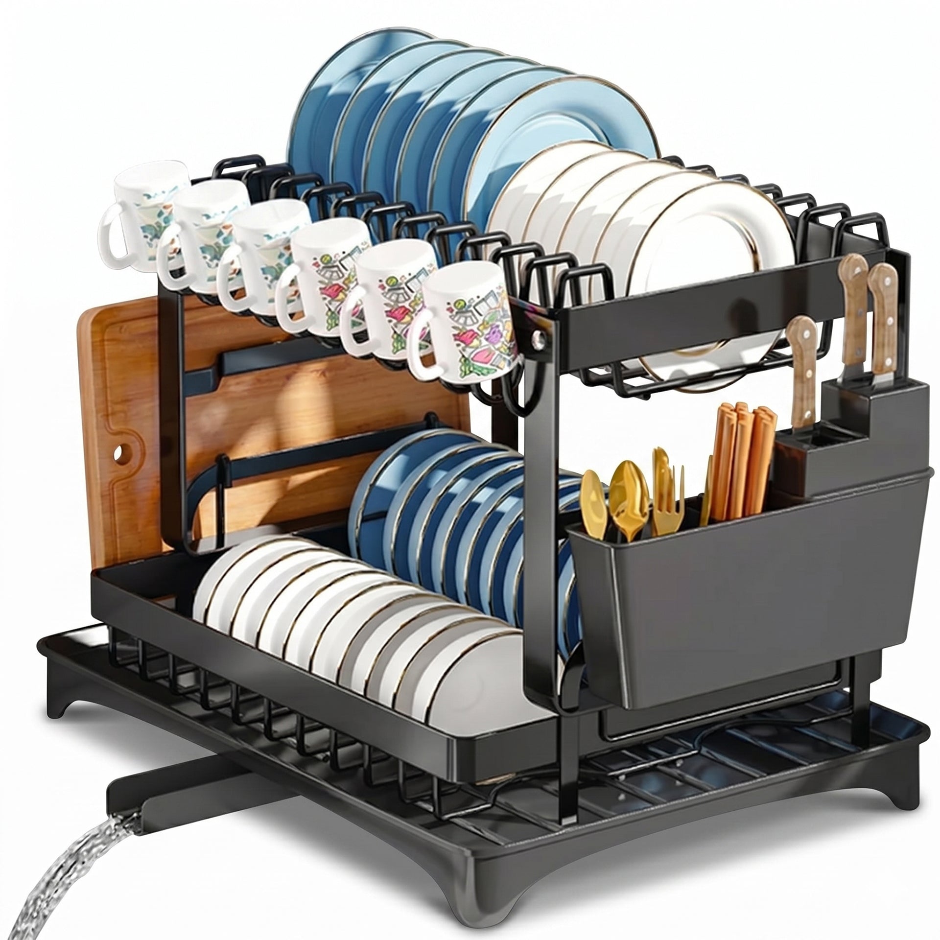 2-Tier Dish Drying Rack with Draining Tray and Cutlery Holder | Large Capacity Kitchen Countertop Storage Rack