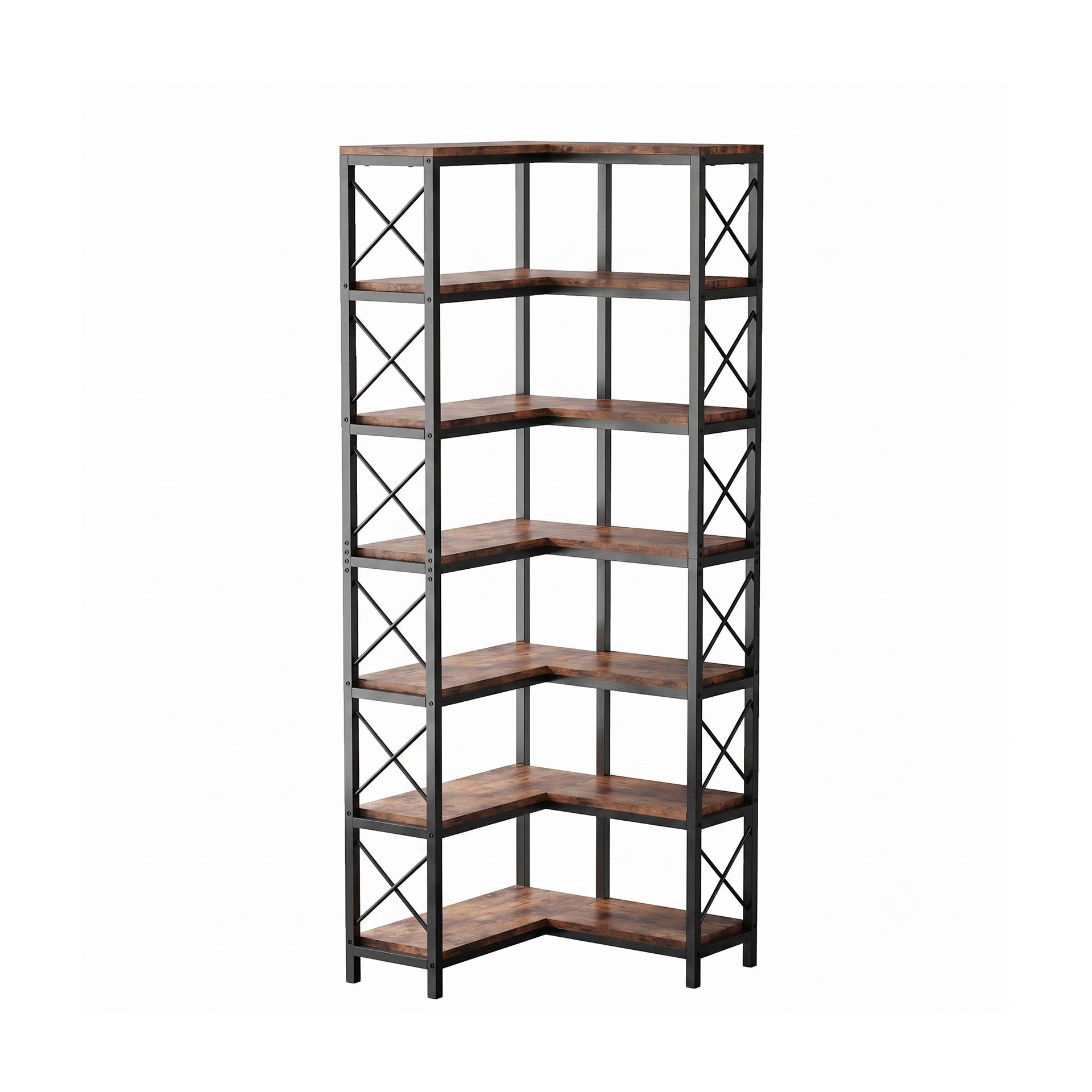 7-Tier Industrial Corner Bookshelf 200cm | Wood and Black Metal Etagere Corner Display Shelf