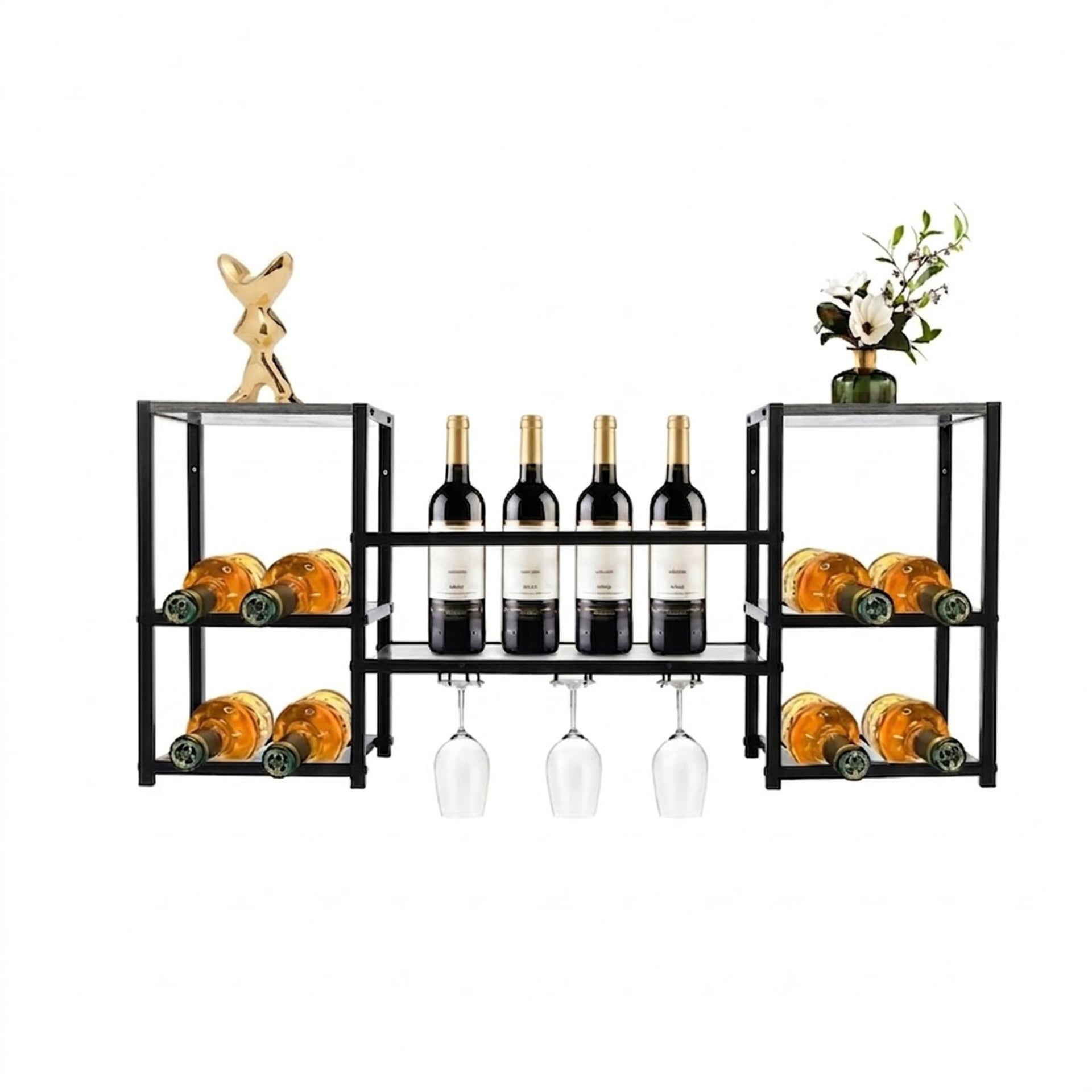 3-Tier Wall and Floor Mounted Wine Rack with Glass Holder | Black Wood Grain Finish Heavy Duty Bottle Display Shelf