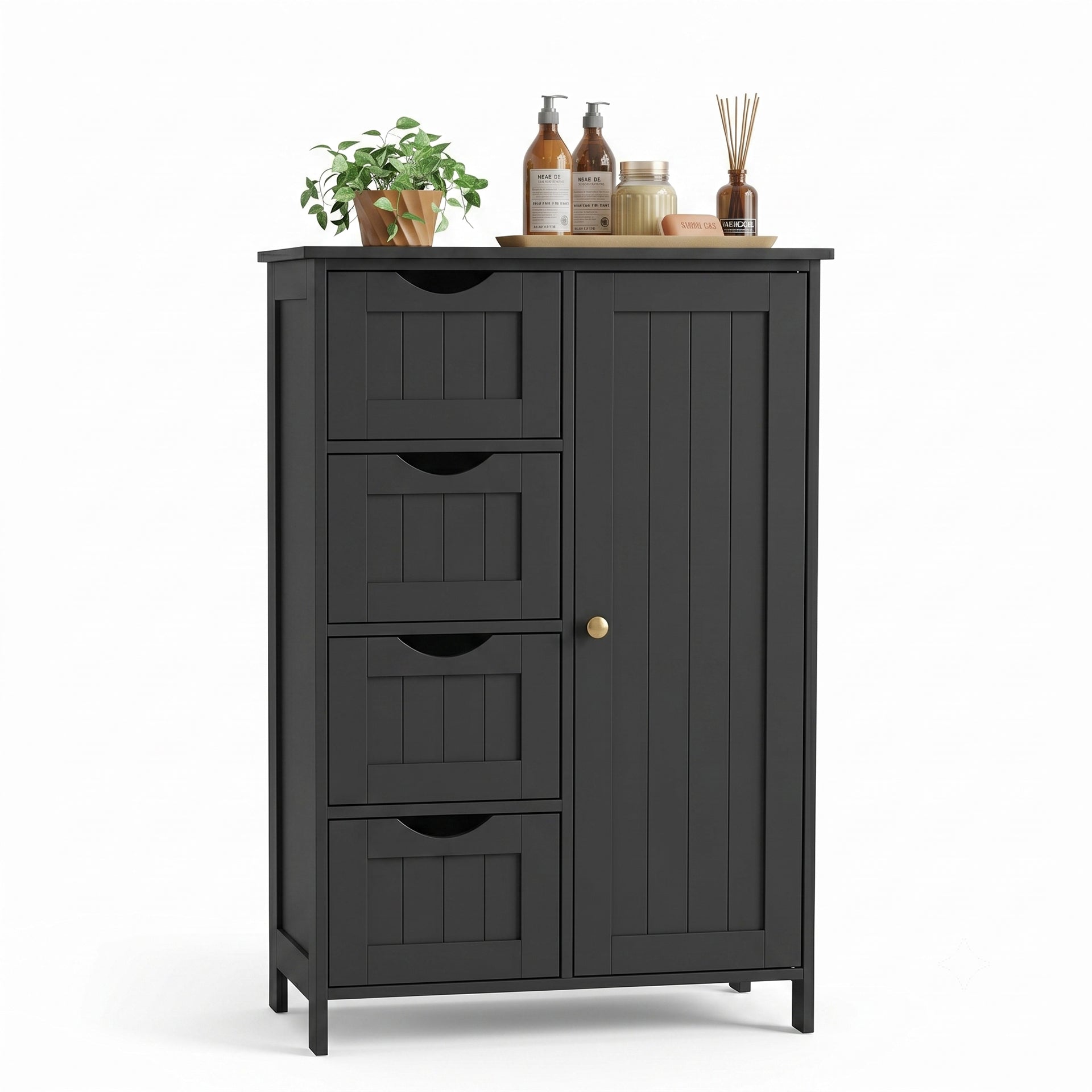 Black Bathroom Floor Cabinet with 4 Drawers and Adjustable Shelf | 30x55x82cm Freestanding Storage Unit with Door