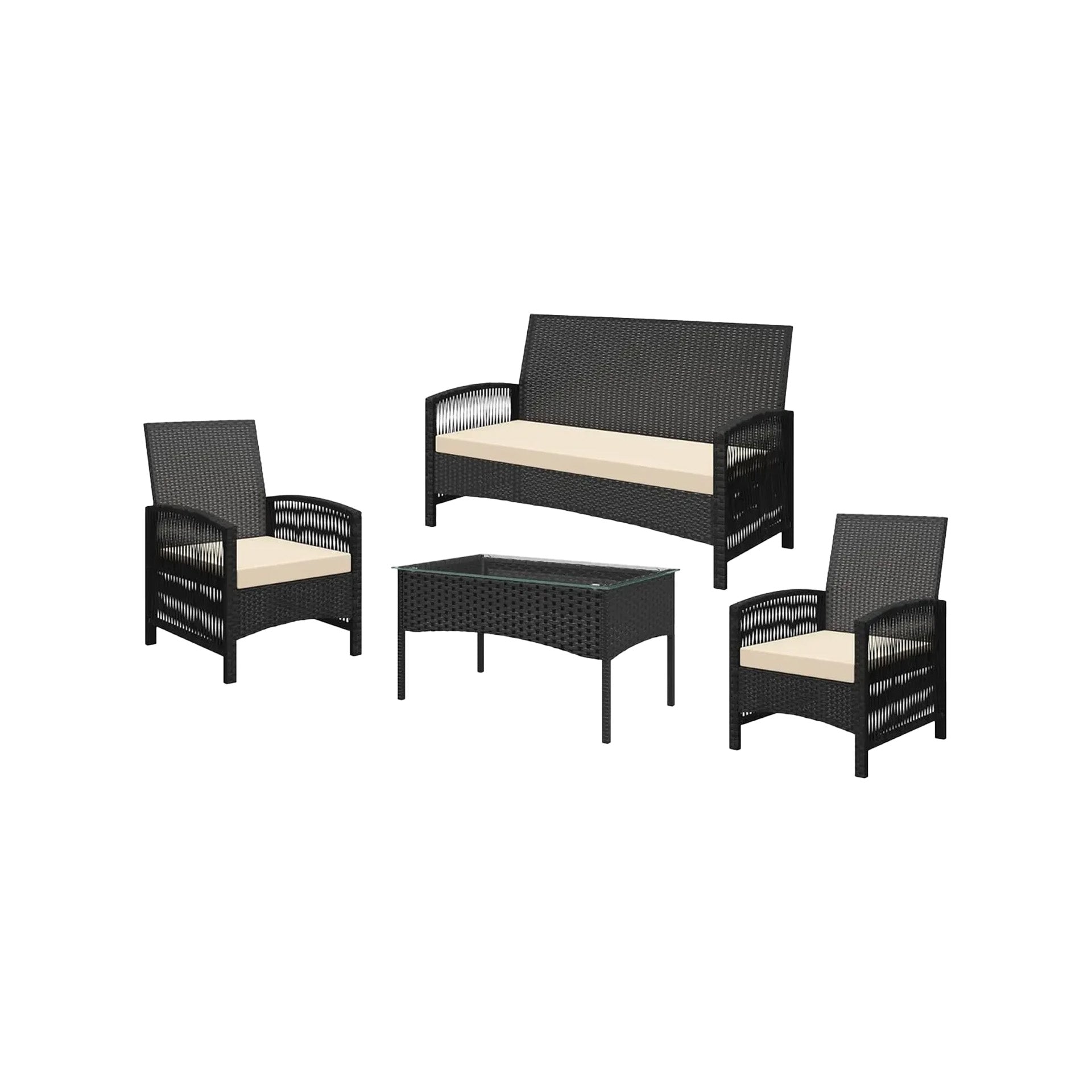 4-Piece Rattan Garden Furniture Set with Loveseat Sofa, Armchairs and Glass Coffee Table