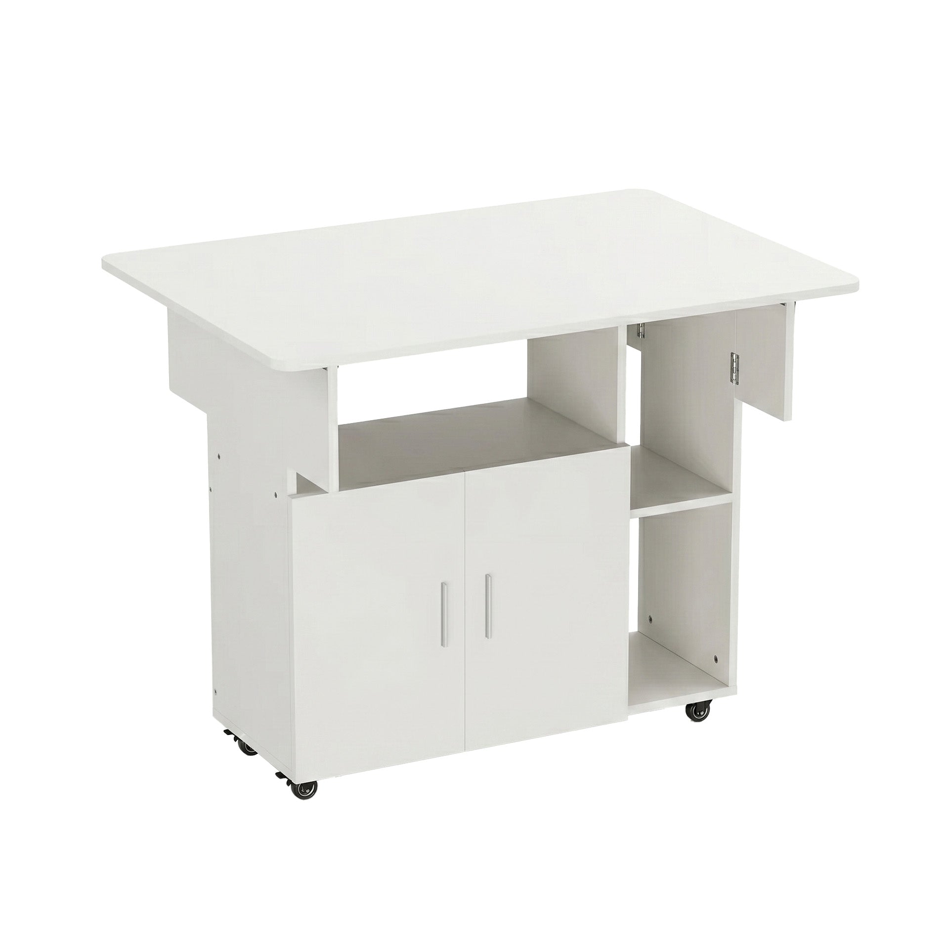 Folding Dining Table on Wheels with Cabinet and Open Shelf | 100cm Mobile Multipurpose Table in White