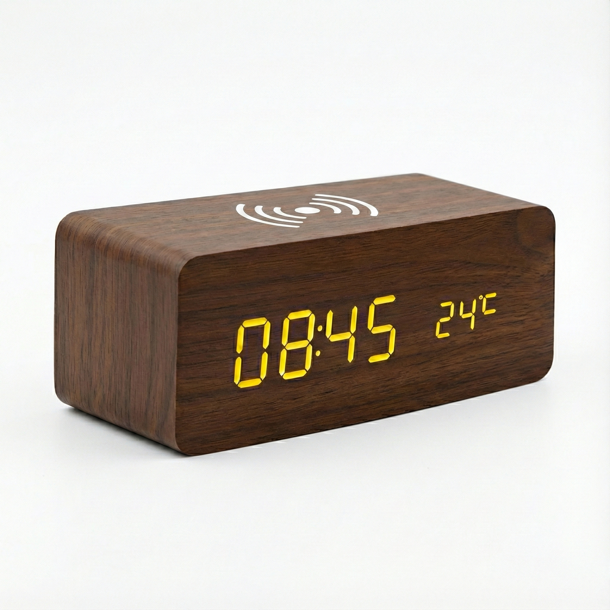 Niditon Wooden LED Alarm Clock with Wireless Charging | Temperature, Date & 3 Alarms