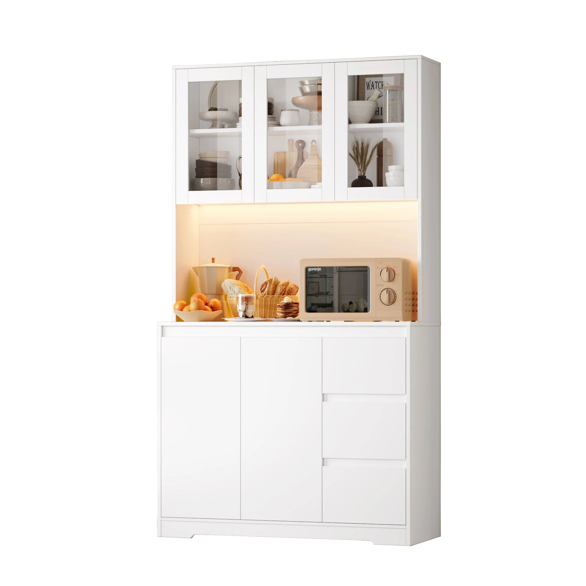 Modern Kitchen Buffet Cabinet with LED Lights & Drawers – Tall Storage Unit