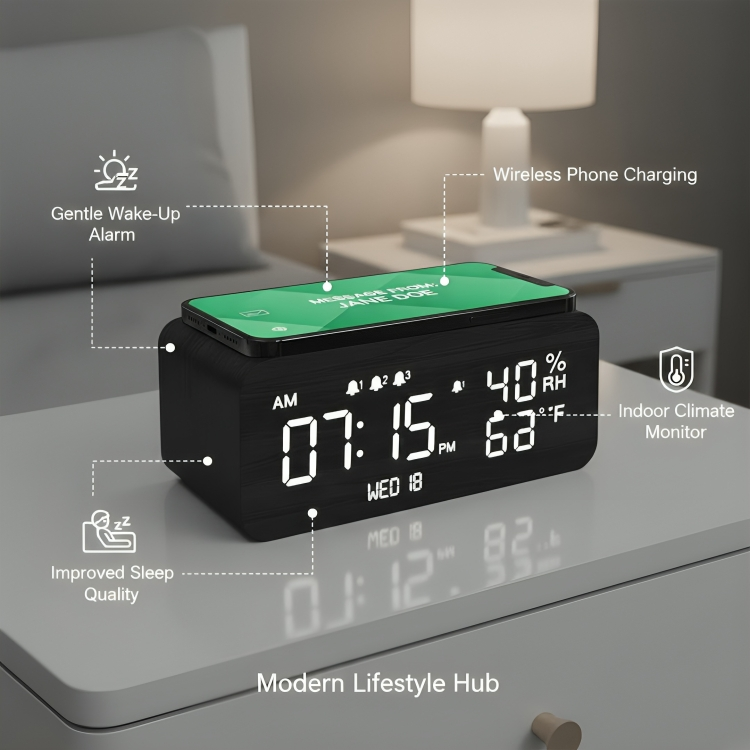 Niditon Wooden LED Alarm Clock | Digital Desk Clock with Temperature Display & 3 Alarms