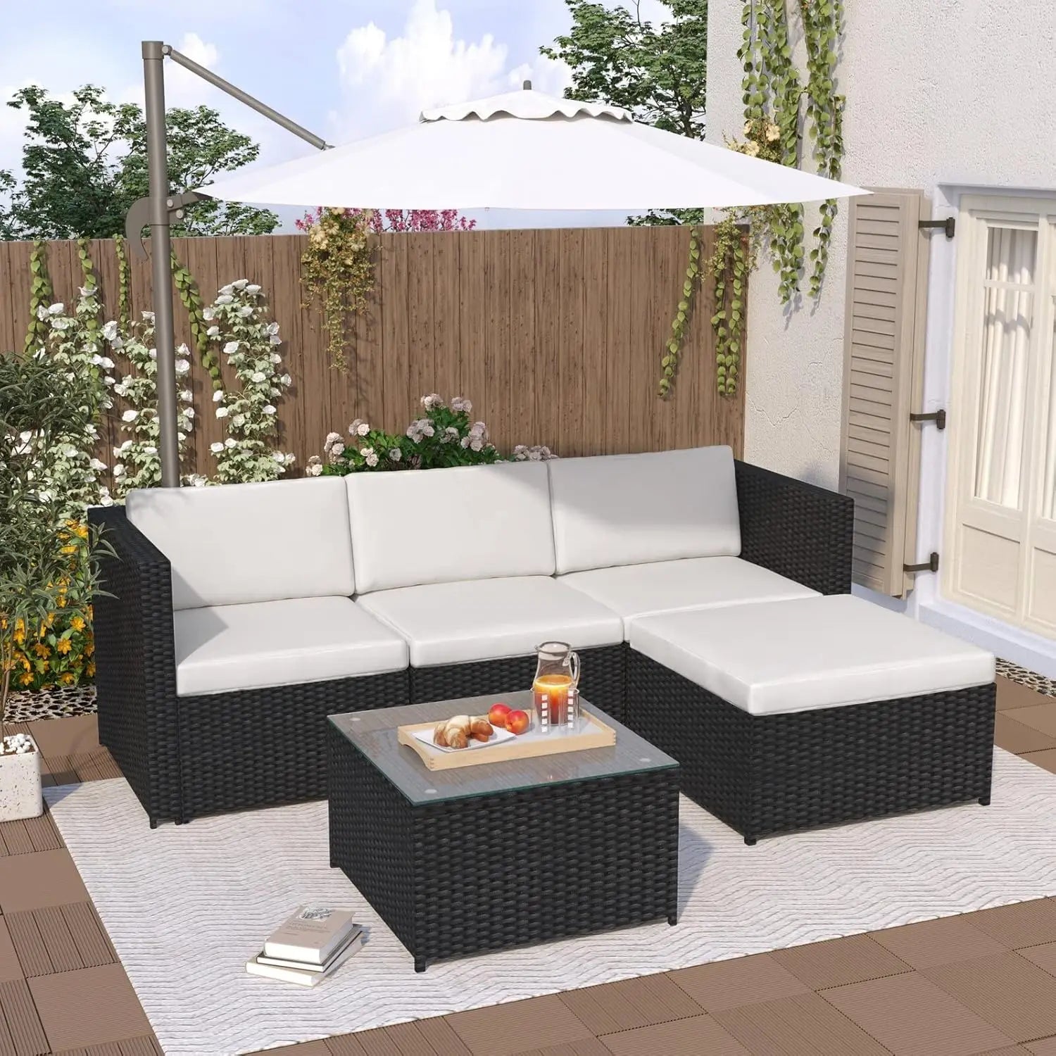 5 Piece Rattan Garden Sofa Set with Glass Coffee Table Thick Cushions and Corner Stool for Garden Conservatory and Patio