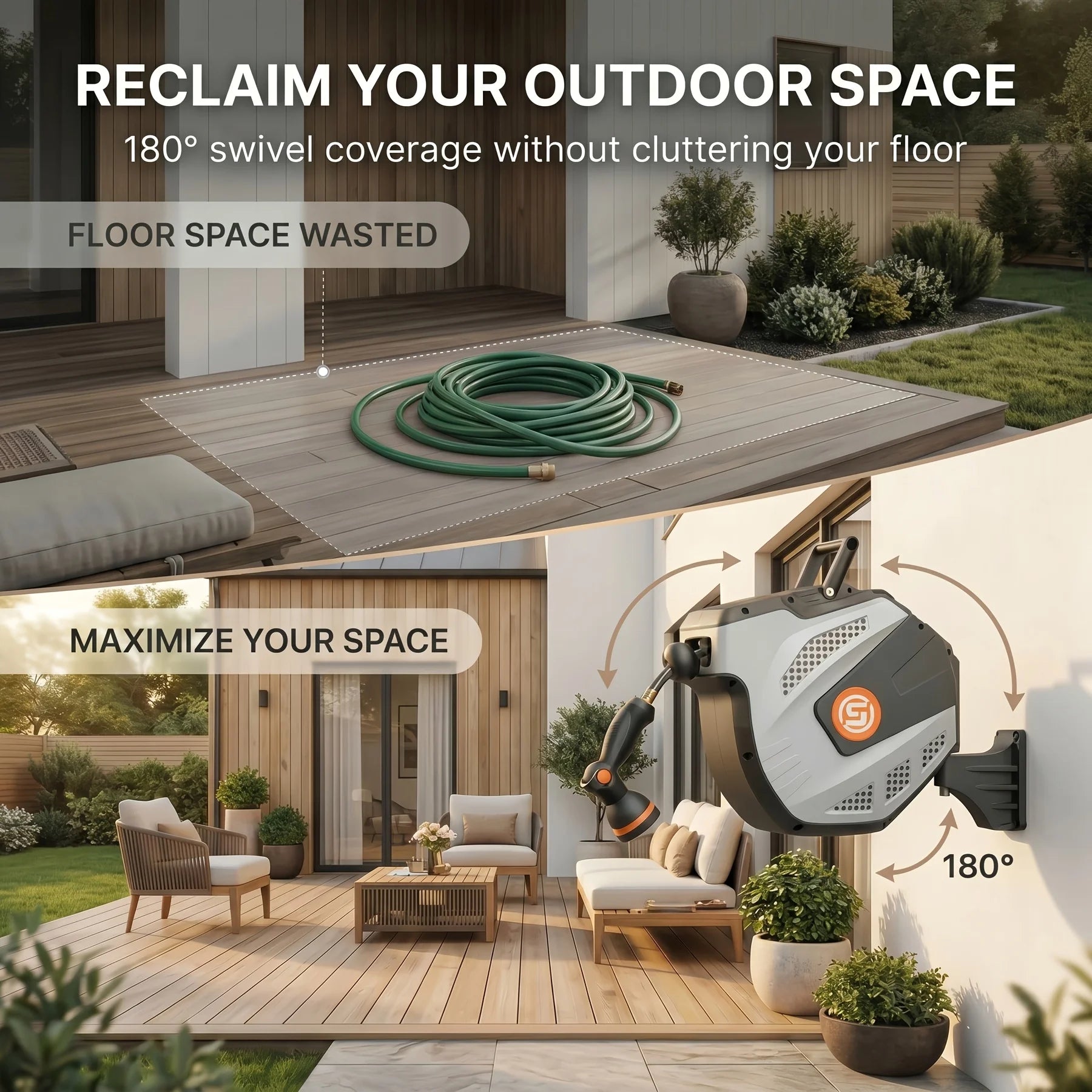 Self Retracting Hose Reel 10-35m Wall Mount Automatic Rewind 10 Function Nozzle 180° Swivel for Garden Car