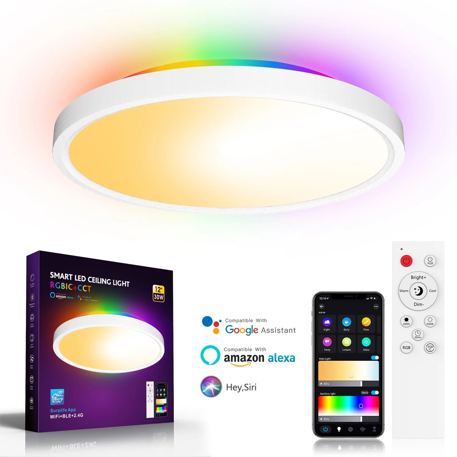 Smart WiFi Bluetooth RGB LED Ceiling Light APP Control Dimmable Waterproof Circular Ambient Lamp for Bedroom Living Room
