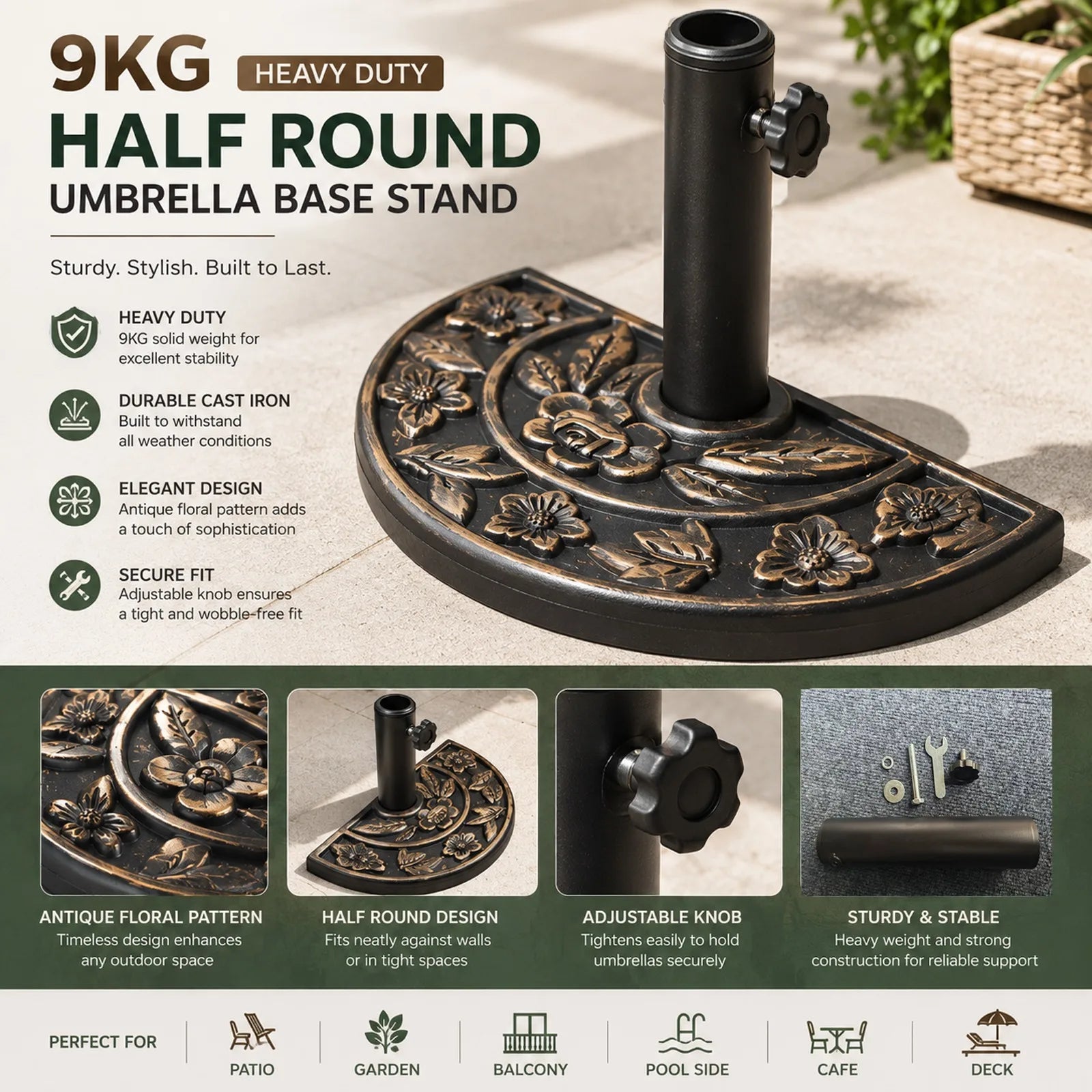9kg Half Round Resin Parasol Base Floral Design 49.5x32cm Cast Iron Effect for Garden Umbrella Stand