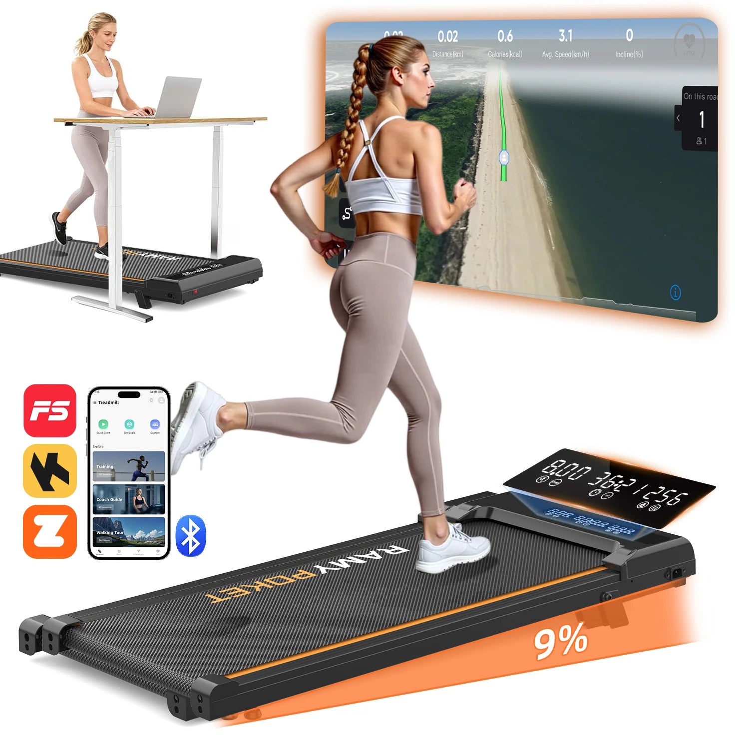 Foldable Walking Pad Treadmill 9% Incline Smart App 1-8KM/H 120kg Capacity LED Display for Home Office