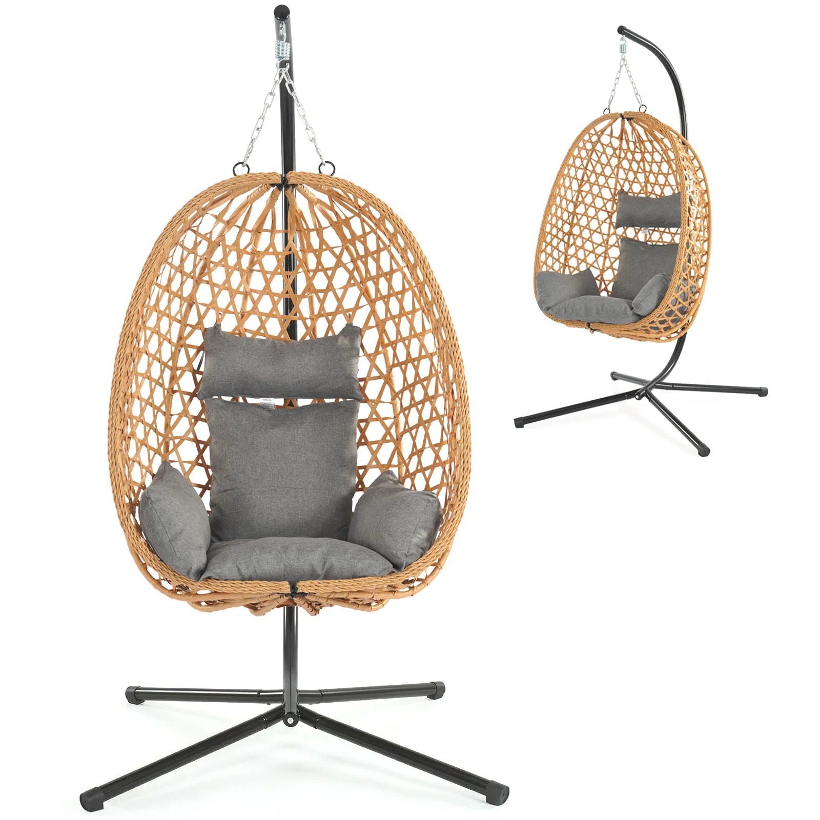 Foldable PE Rattan Egg Chair with Stand, Cushion, Headrest and Lumbar Pillow for Indoor and Outdoor Use
