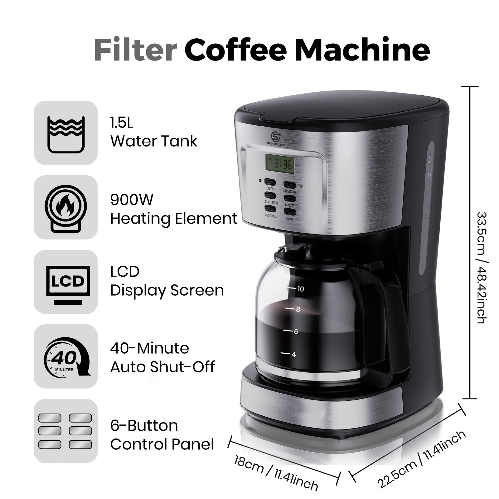 900W Electric Drip Coffee Maker 1.5L with Delay Brew Timer LCD Display Auto Power Off and Dishwasher Safe Carafe