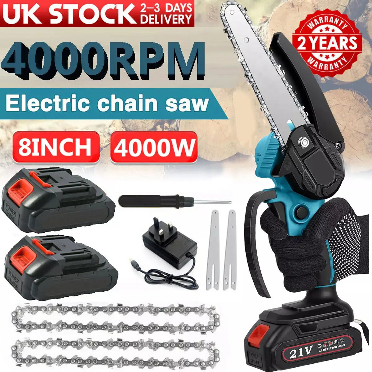 8 Inch Cordless Chainsaw 21V Li-ion 2 Batteries Charger Brushless Lightweight for Garden Trimming Wood Cutting