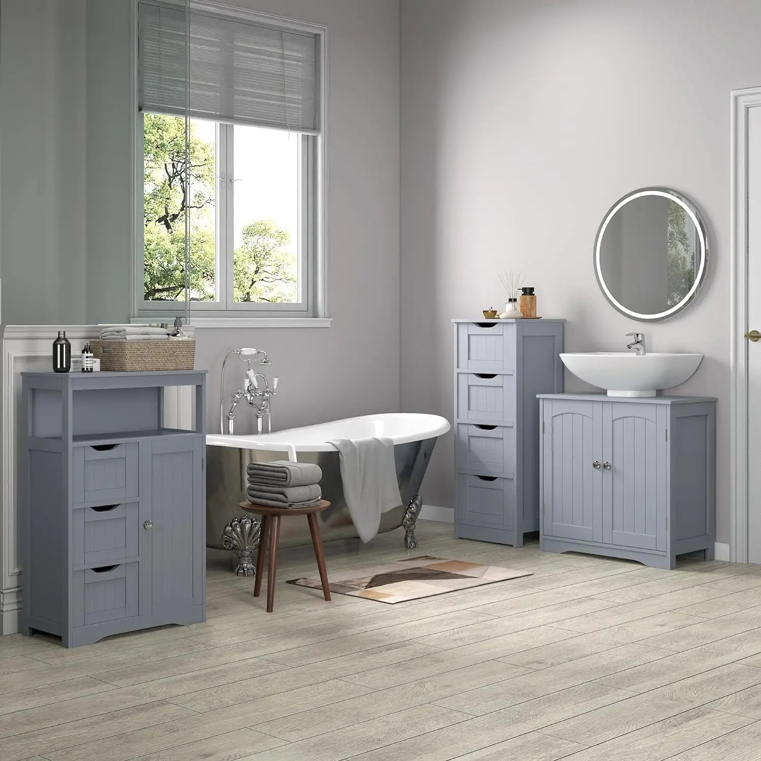 White Bathroom Floor Storage Cabinet with 4 Drawers | 81x30x29.5cm Freestanding MDF Unit for Bathroom Living Room Kitchen