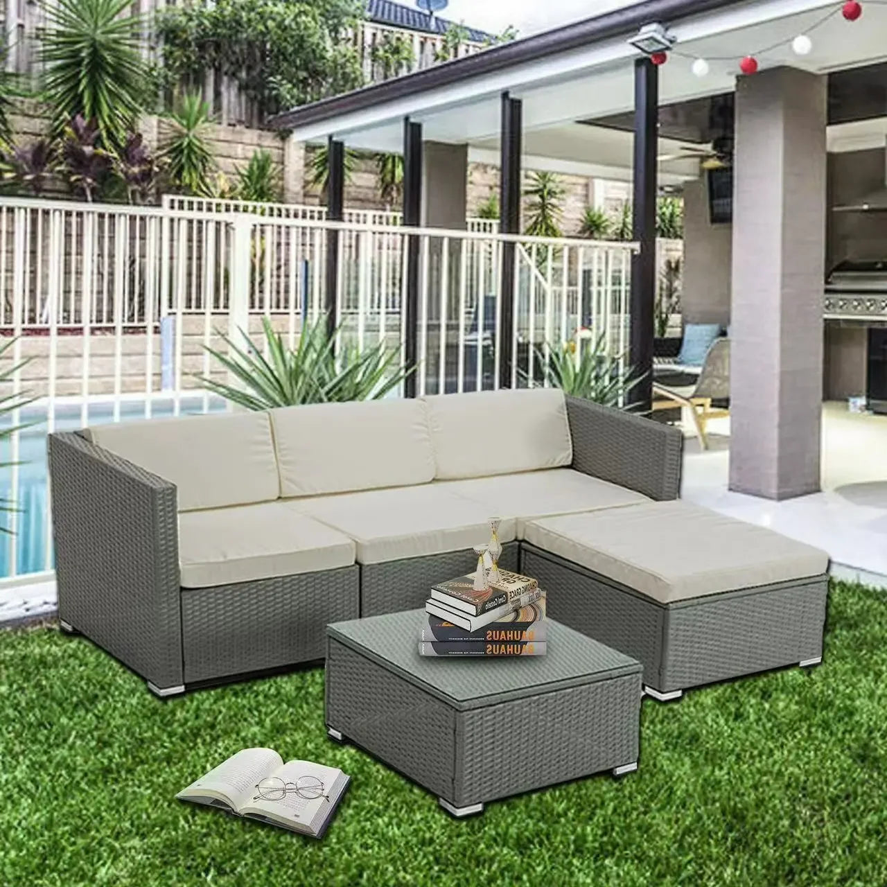 5 Piece Rattan Garden Sofa Set with Glass Coffee Table Thick Cushions and Corner Stool for Garden Conservatory and Patio