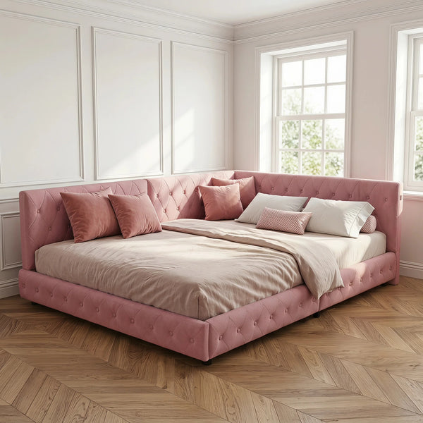 135 x 190cm Upholstered Bed Frame with LED Lighting & USB Charging, Teddy Fleece, Pink or White