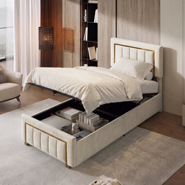 3ft Single Velvet Upholstered Bed Frame with Hydraulic Storage, Padded Headboard, Black or White