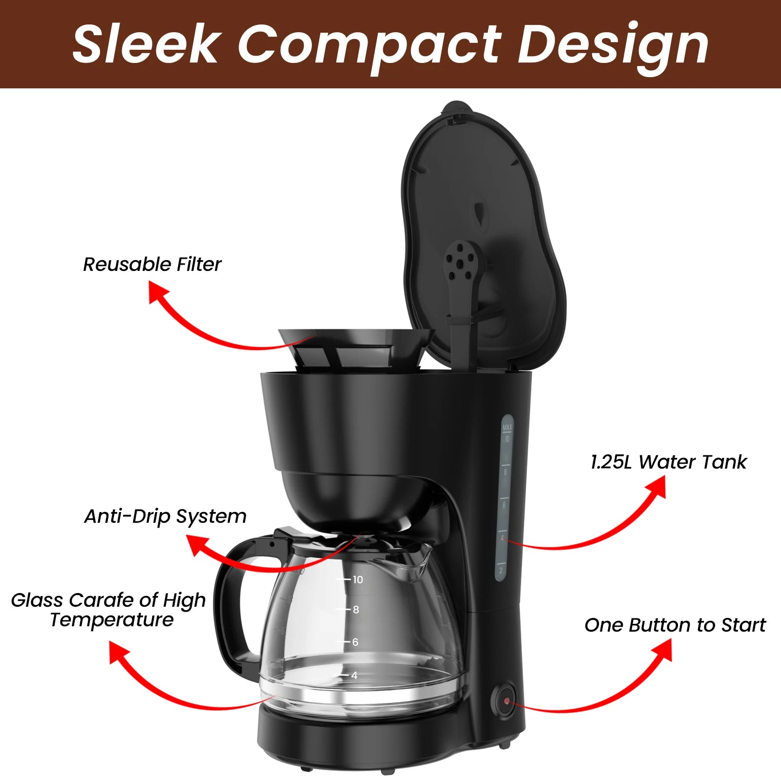 1.25L Electric Drip Coffee Maker 600W American Style with Reusable Filter Anti-Drip Function and Auto Shut-Off for Home Use