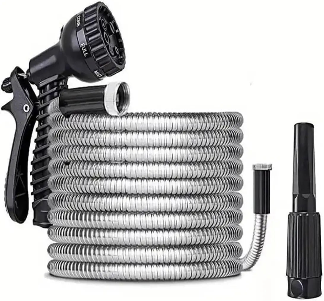 Stainless Steel Garden Hose 25ft to 100ft Kink Free 7 Function Spray Nozzle Heavy Duty Lightweight Rust Resistant