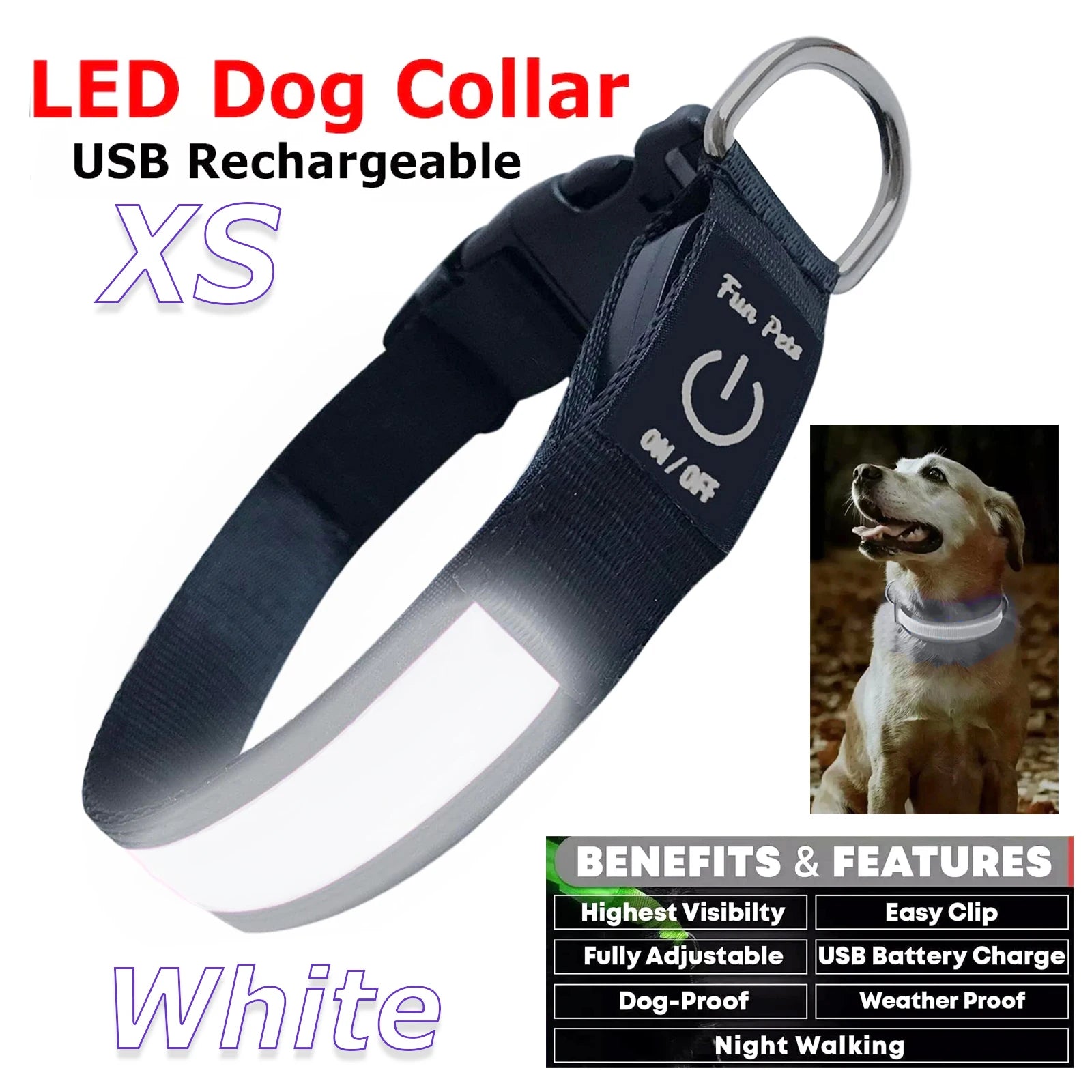 LED Dog Collar Rechargeable Night Safety Flashing Glow Nylon Waterproof for Puppies Dogs