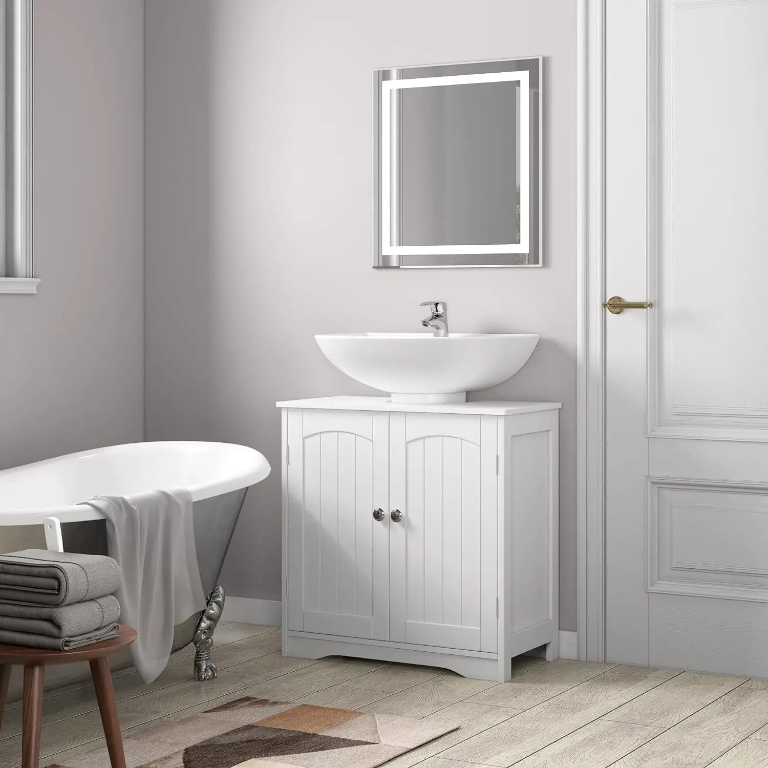 Under Sink Bathroom Cabinet with 2 Doors and Adjustable Shelf | Grey Wooden Basin Cupboard Storage Unit 60cm