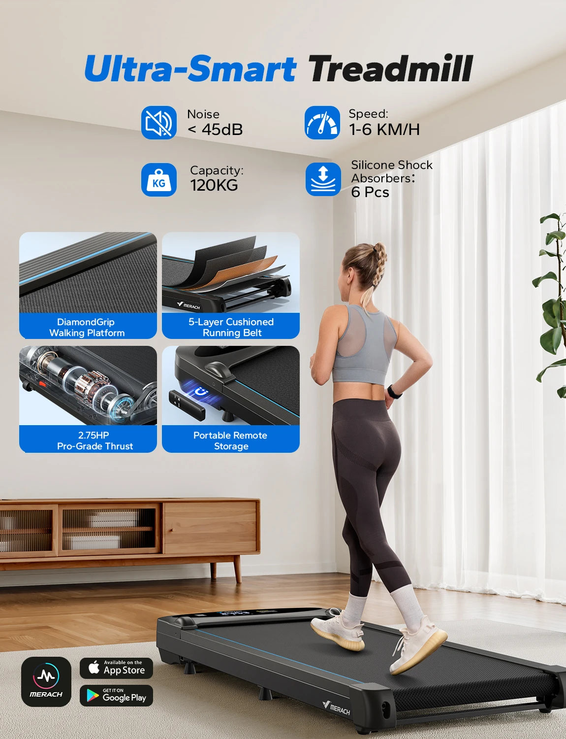 MERACH Under Desk Walking Pad Treadmill 2.75HP 265lbs Capacity Magnetic Remote LED Display Non-Assembly Black