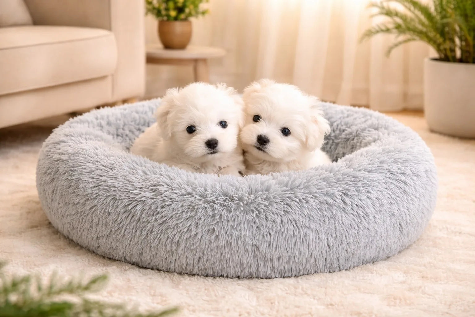 Calming Round Donut Pet Bed Fluffy Plush Washable for Large Medium Dogs and Cats Anxiety Relief