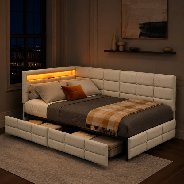 L-Shape Corner Ottoman Bed 90 x 190cm, Daybed with LED Lighting, 2 Storage Drawers & Charging Station, 3ft Upholstered Sofa Bed Frame, Linen, Beige, No Mattress