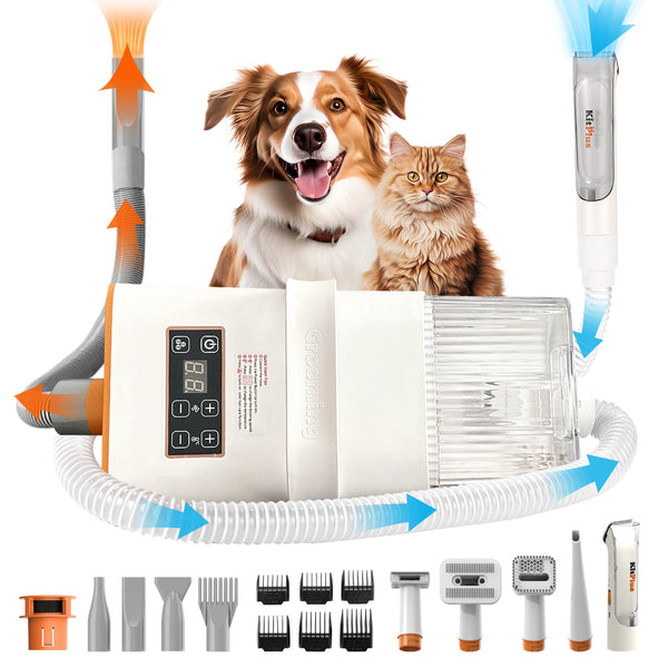 3 in 1 Pet Grooming Vacuum Kit Dog Dryer and Hair Clipper 2L Capacity UK Plug Hot and Cold Air