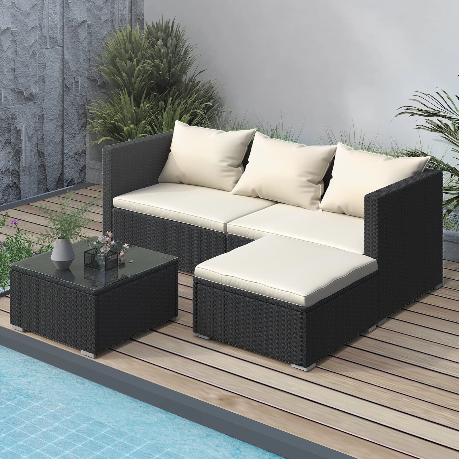 4 Seater Rattan Garden Furniture Set Modular Sofa Loveseat with Glass Top Coffee Table for Patio Conservatory and Indoor Use