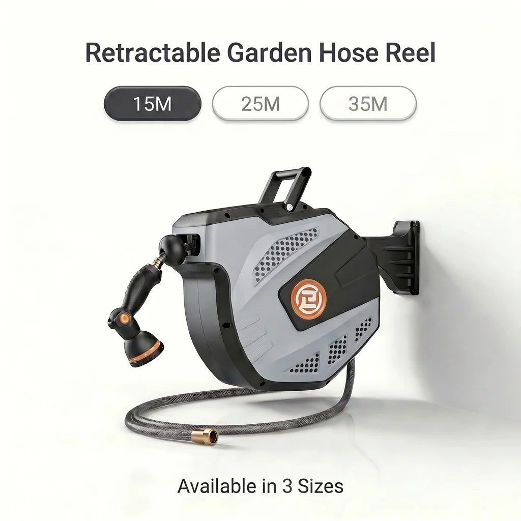Self Retracting Hose Reel 10-35m Wall Mount Automatic Rewind 10 Function Nozzle 180° Swivel for Garden Car