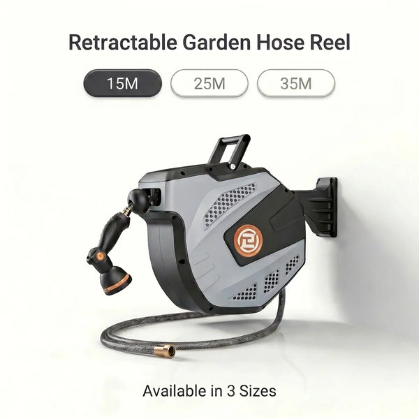 Self Retracting Hose Reel 10-35m Wall Mount Automatic Rewind 10 Function Nozzle 180° Swivel for Garden Car