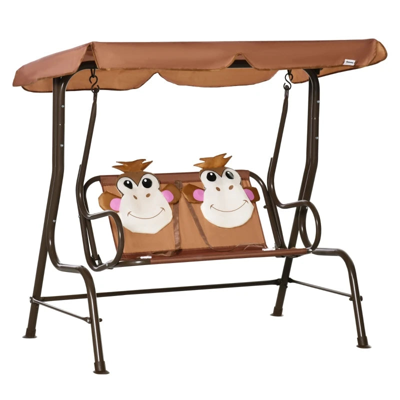2 Seater Kids Garden Swing Chair Monkey Pattern Adjustable Awning Seatbelts 60kg for Children Outdoor Patio