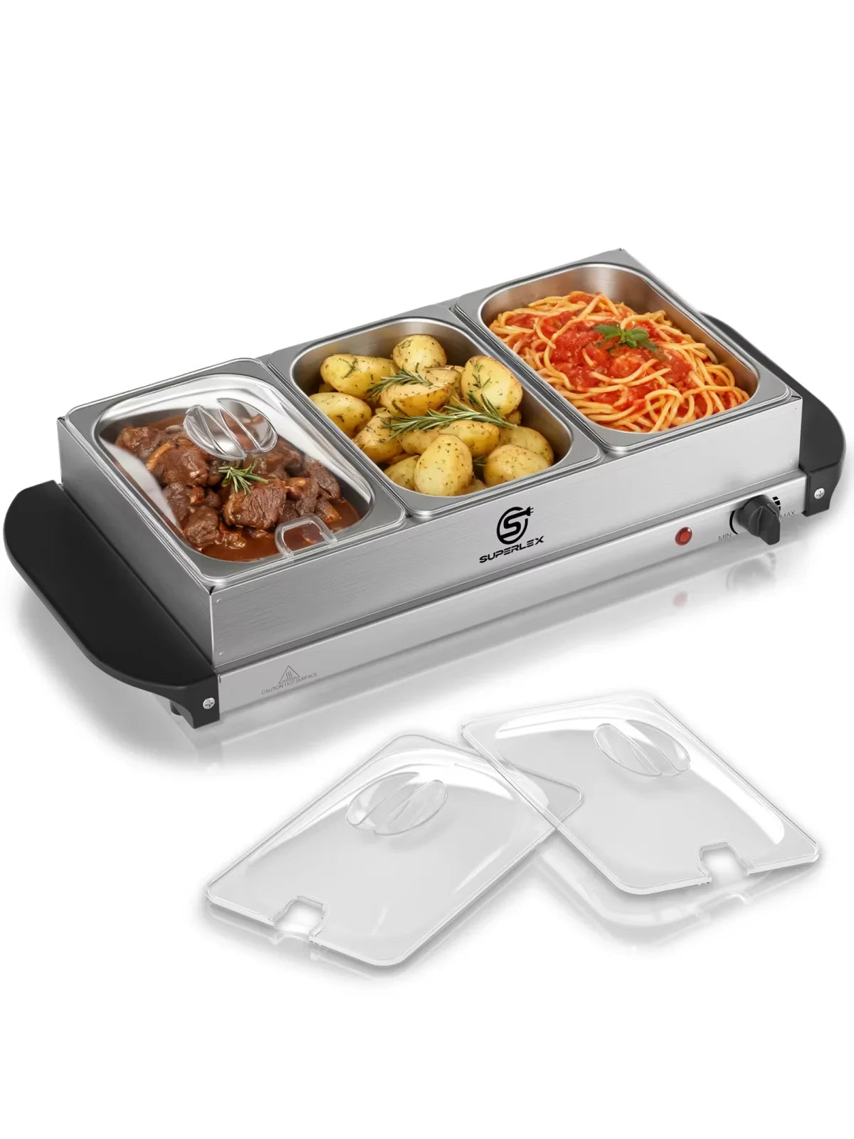 2-in-1 Buffet Server and Plate Warmer with 3 Stainless Steel Trays Temperature Control and Clear Lids for Home and Catering