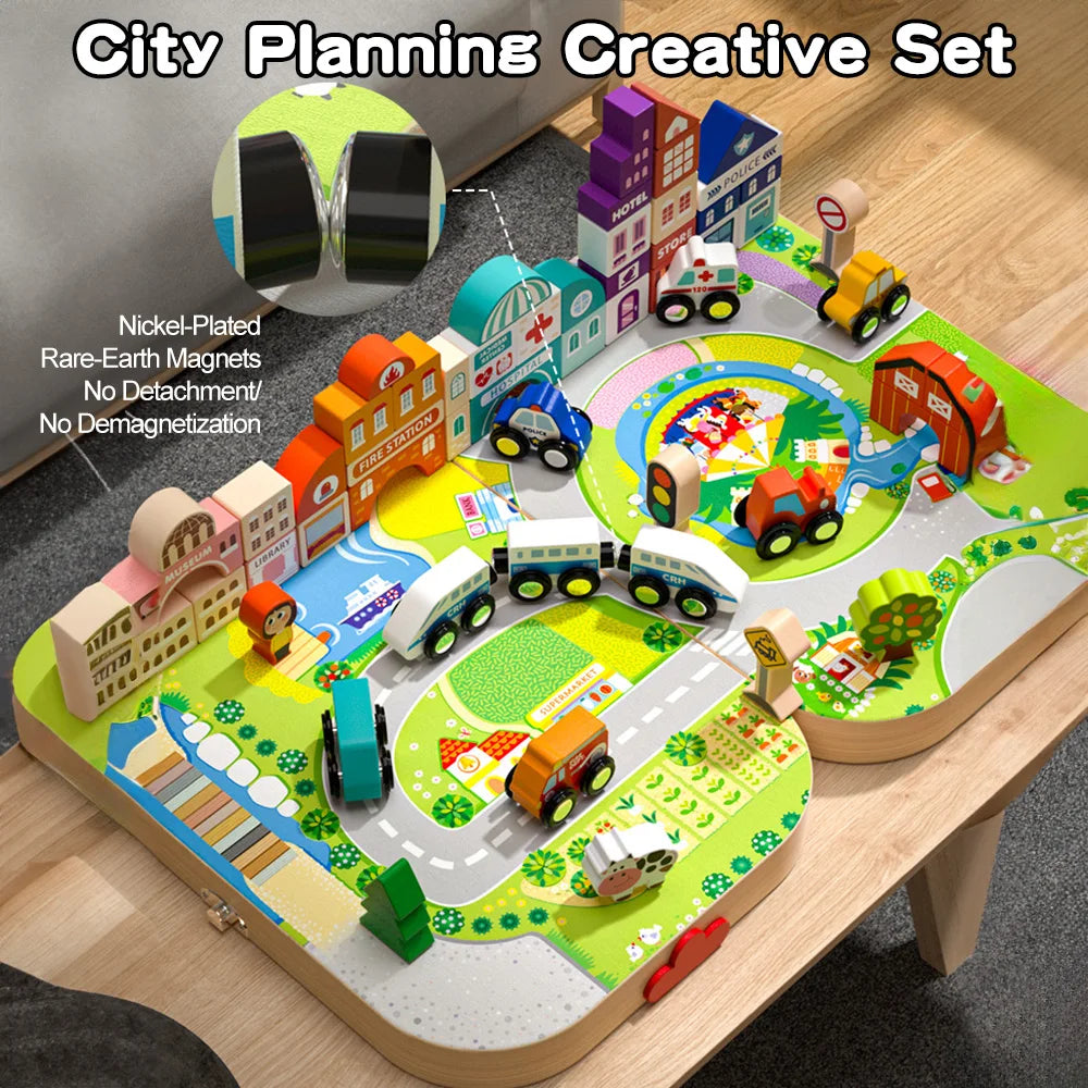 Wooden Building Blocks Set for Toddlers 3D Educational Toy Magnetic Mini Train DIY House Construction Toy for Ages 0-12