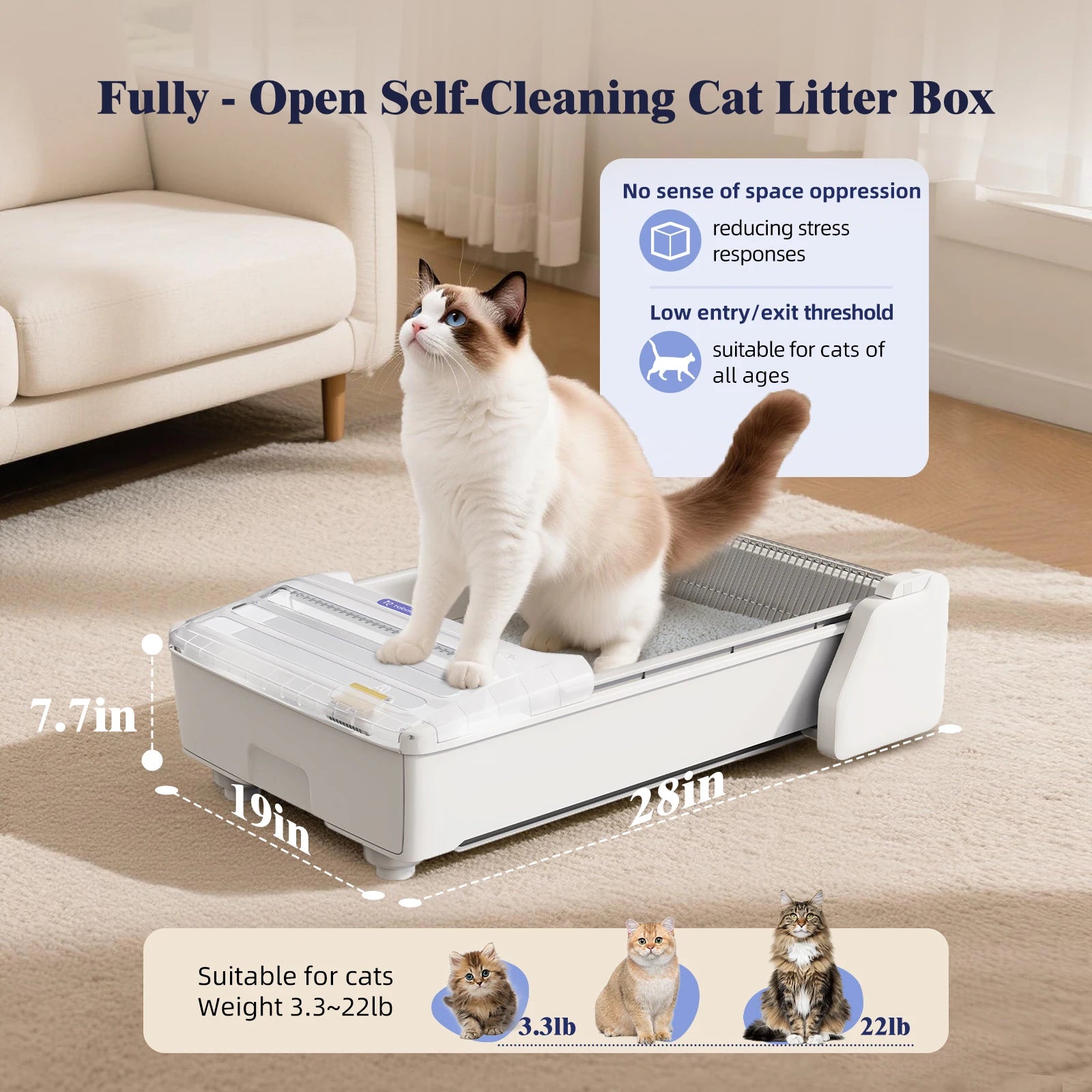 XL Self Cleaning Cat Litter Box, Open Top Automatic Tray with App Control