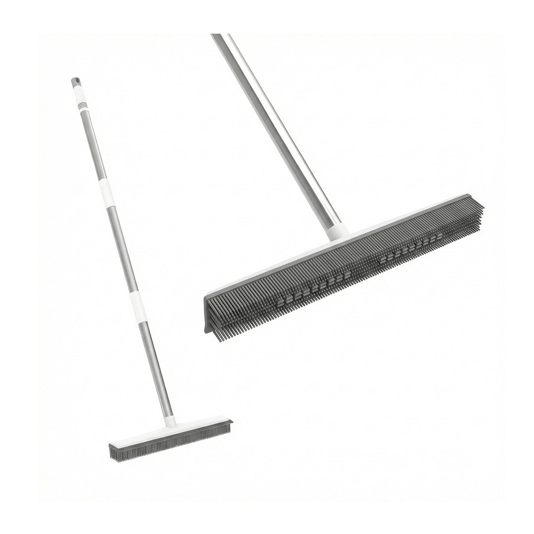2-in-1 Rubber Broom & Squeegee Scraper | Pet Hair Remover with Long Handle for All Floor Types