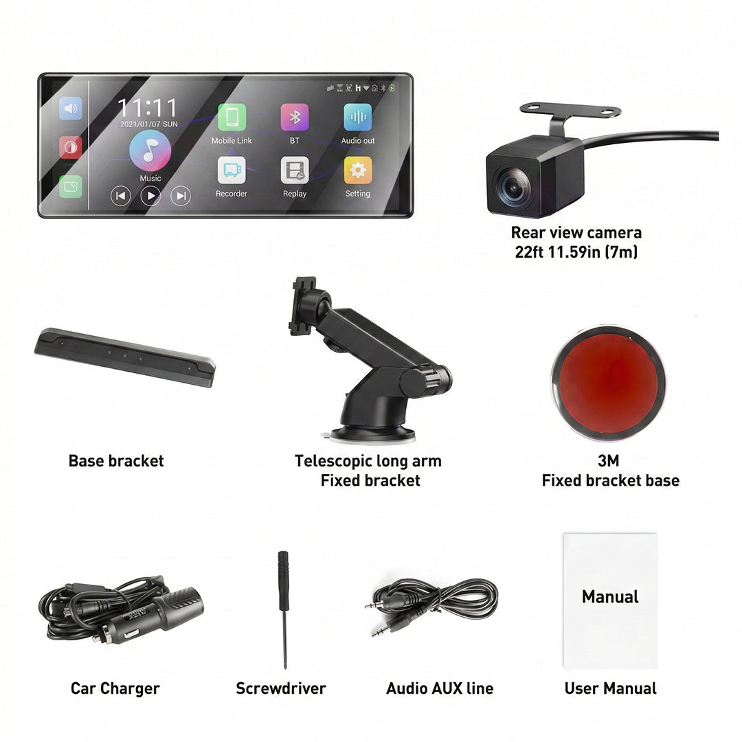 11.3" Touch Dash Cam Car Stereo with 4K+1080P Dual-Lens, Apple CarPlay & Android Auto, GPS, WiFi, Bluetooth, DVR Recording