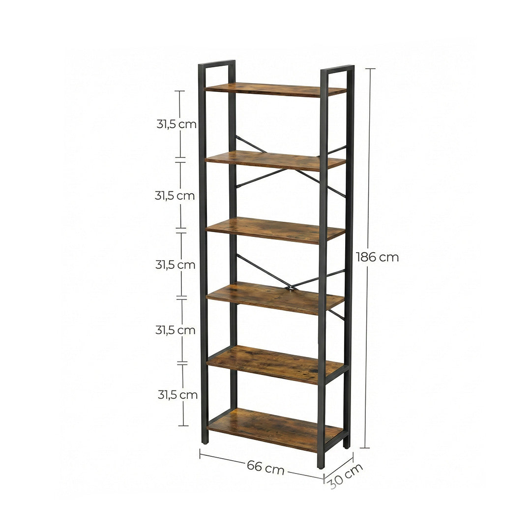 6-Tier Industrial Bookcase | 66x30x186cm Tall Storage Shelf for Living Room & Office
