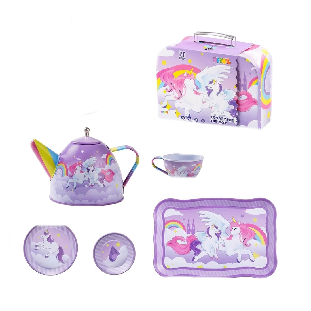Unicorn Tea Party Set for Girls Princess Pretend Play Tin Teapot Set with Cups Plates and Storage Case