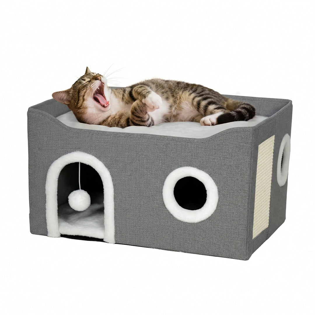 Cat Cave with Fluffy Ball and Scratch Pad, Indoor Cozy Play & Rest Space for Cats