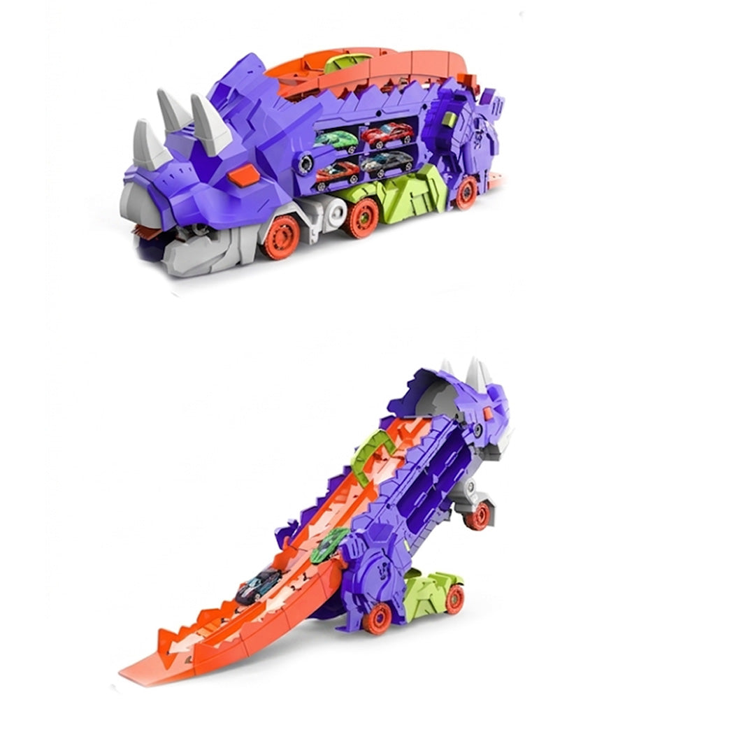 Dinosaur Swallowing Car Triceratops Slide Track Ejection Toy with 4 Alloy Cars for Boys and Girls Aged 4-6