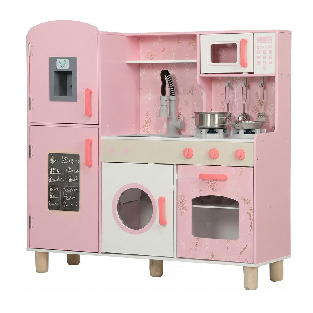 Kids Play Kitchen Set with Lights & Sounds | Pink Toy Kitchen with Ice Maker & Chalkboard