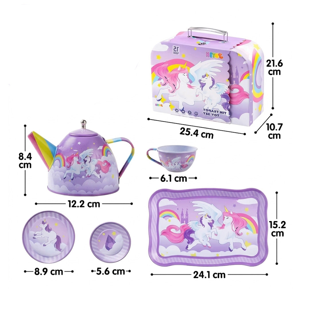 Unicorn Tea Party Set for Girls Princess Pretend Play Tin Teapot Set with Cups Plates and Storage Case
