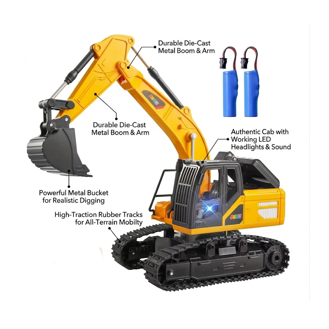2.4GHz RC Remote Control Excavator Toy with LED Lights Rechargeable Batteries Construction Toy for Boys Aged 6-12