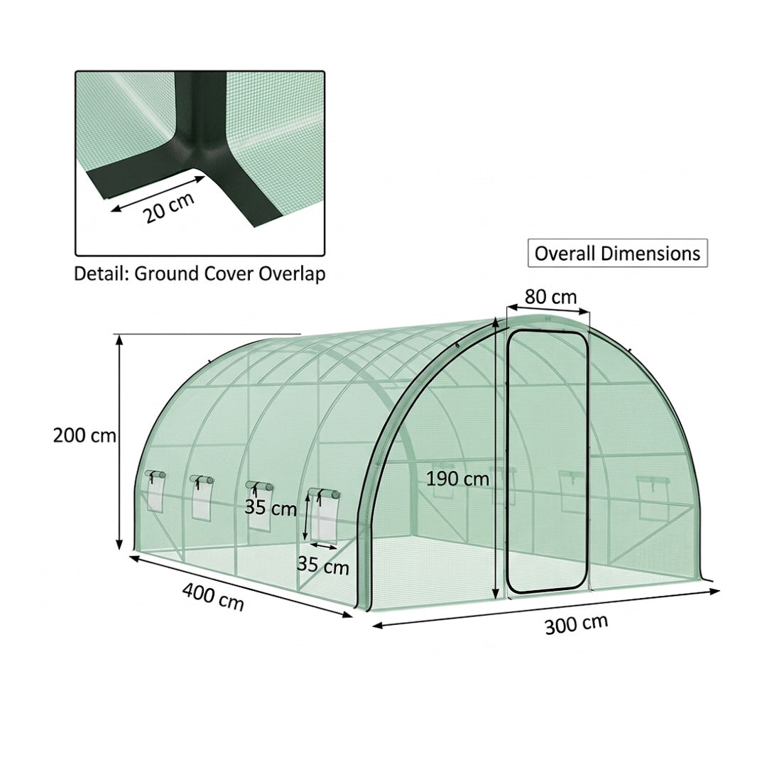 4 x 3m Walk-In Polytunnel Greenhouse with Upgraded Steel Frame, 2 Hinged Doors and 8 Mesh Windows for Year Round Growing