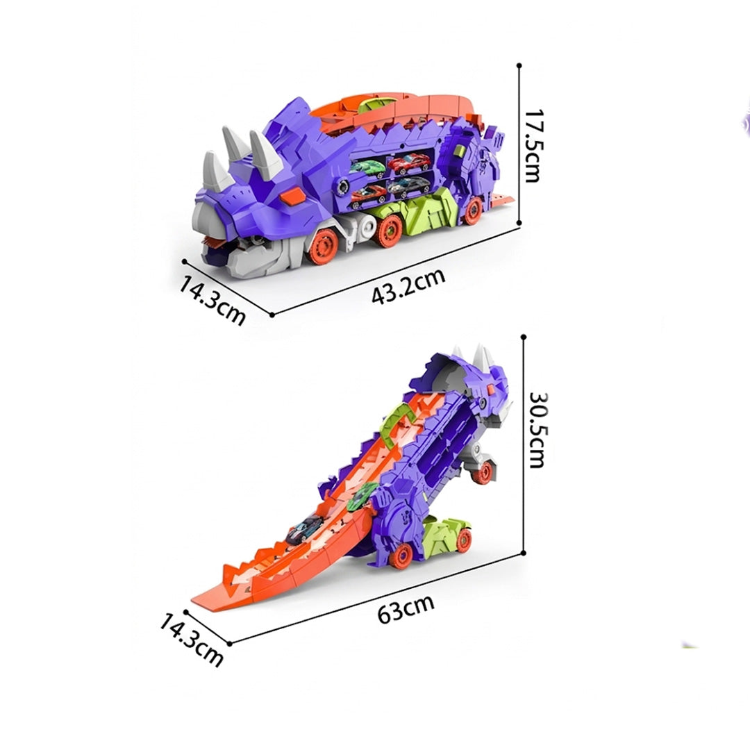 Dinosaur Swallowing Car Triceratops Slide Track Ejection Toy with 4 Alloy Cars for Boys and Girls Aged 4-6