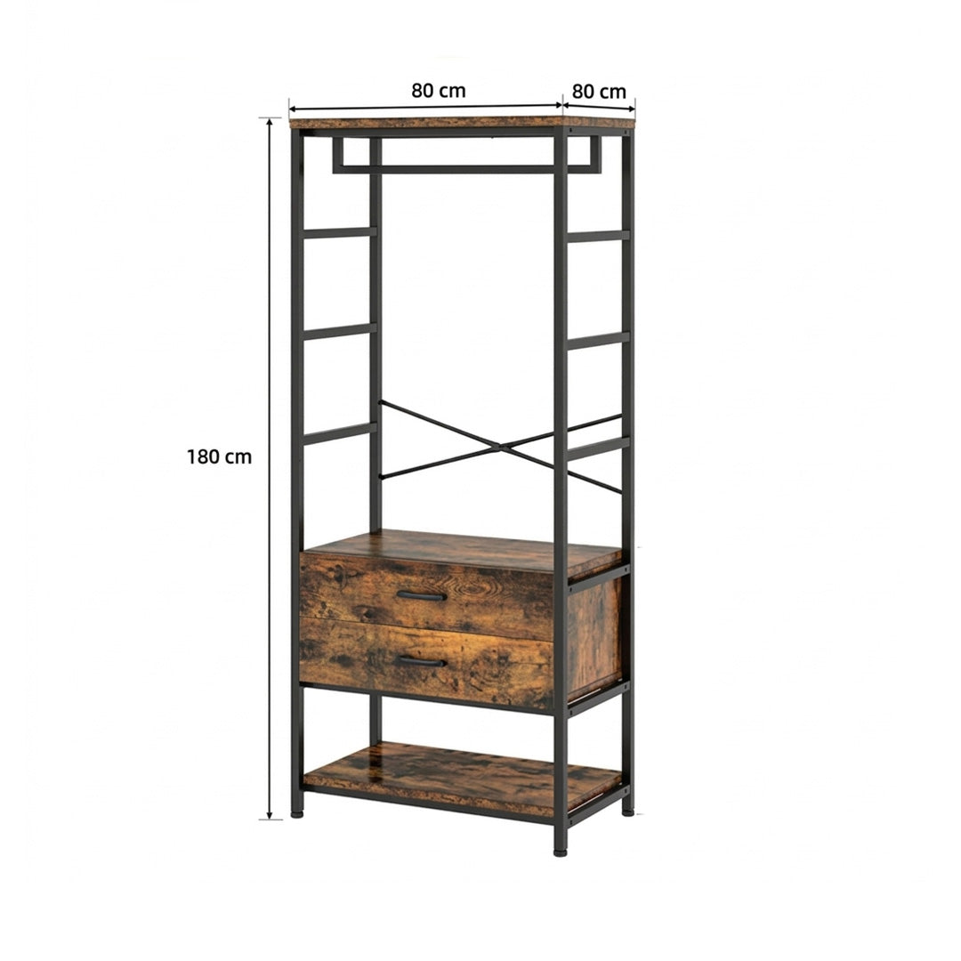 Industrial Coat Rack with Shoe Storage, Drawers and Clothes Rail Hall Tree