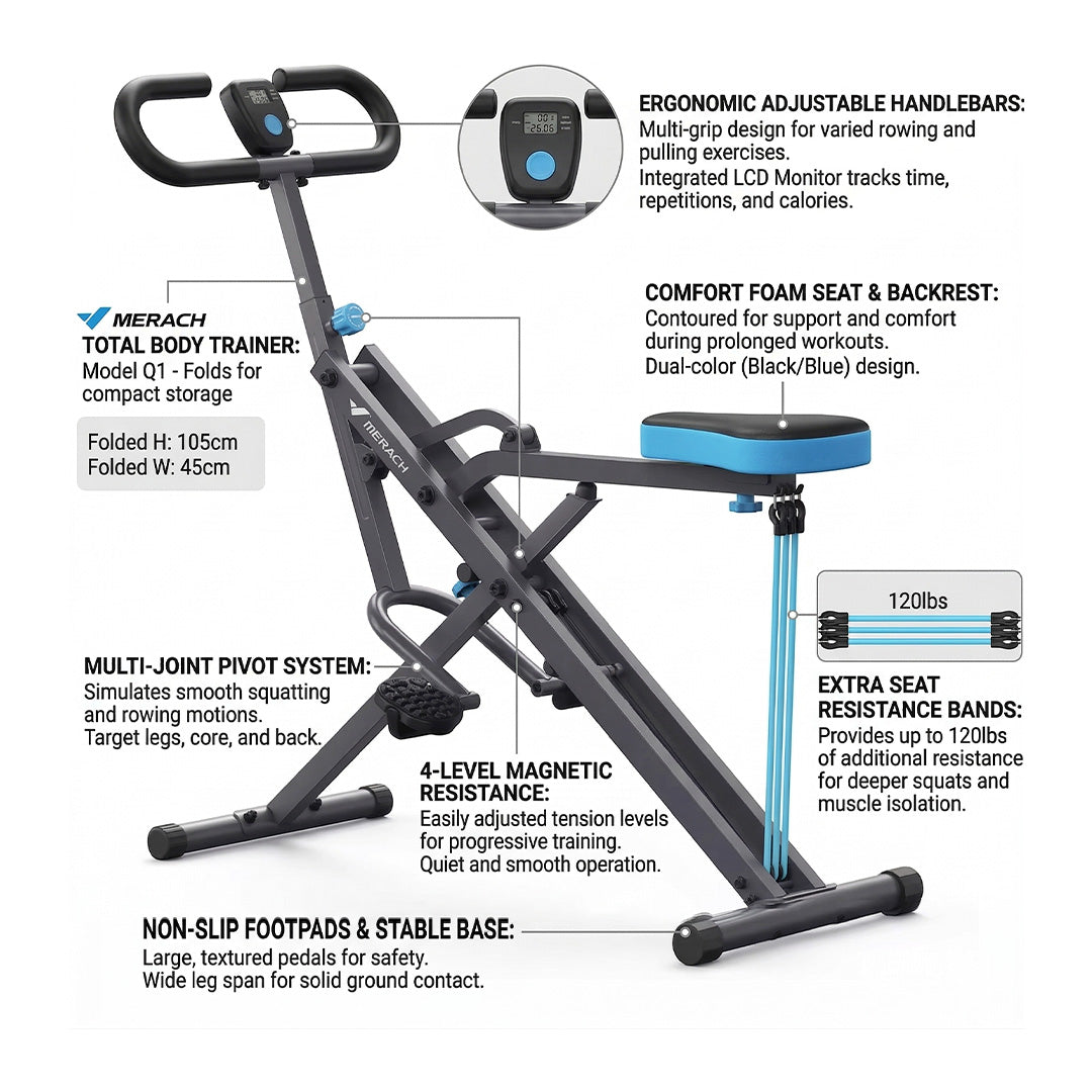 2 in 1 Squat Rowing Machine – Foldable Glute Trainer for Home Workout with LCD Display 350lbs Capacity